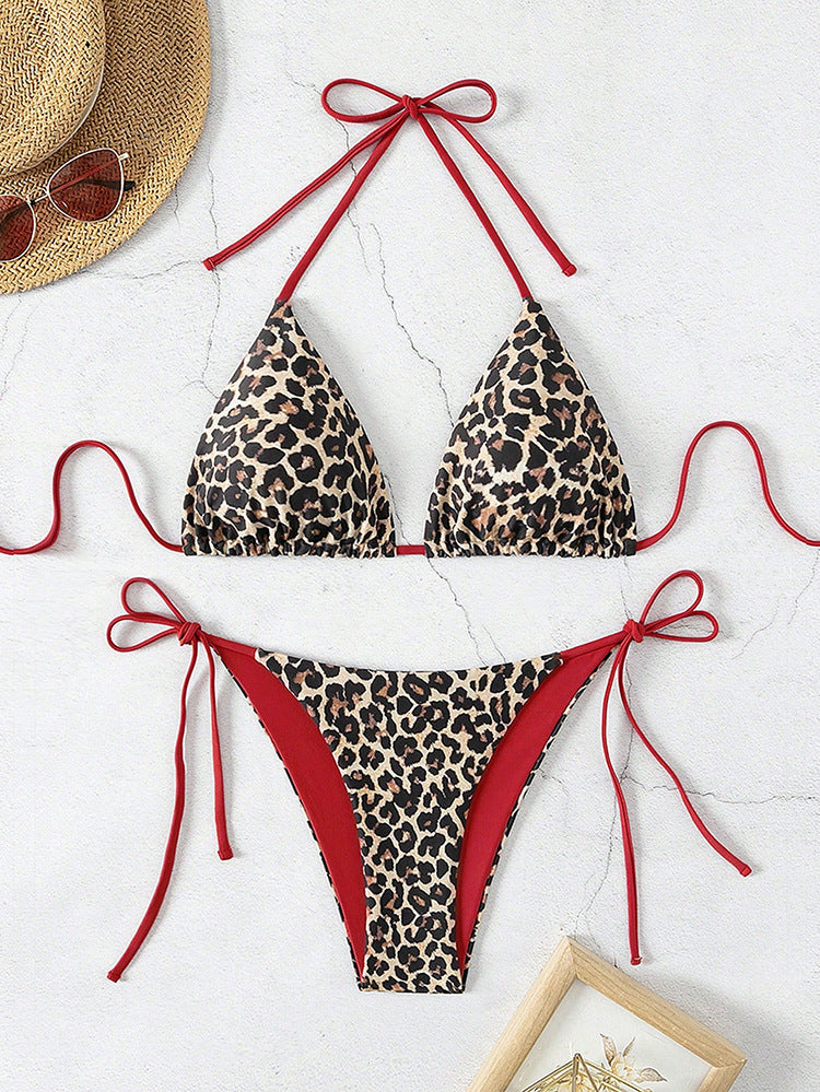 Leopard print triangle top bikini string tie halter-neck two-piece swimsuit