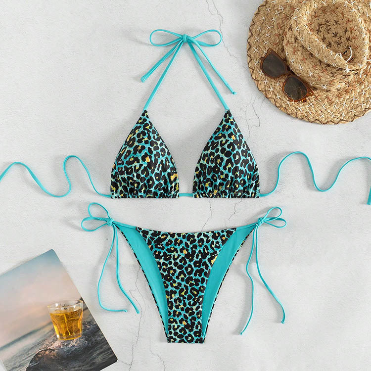 Leopard print triangle top bikini string tie halter-neck two-piece swimsuit