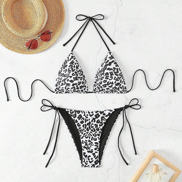 Leopard print triangle top bikini string tie halter-neck two-piece swimsuit