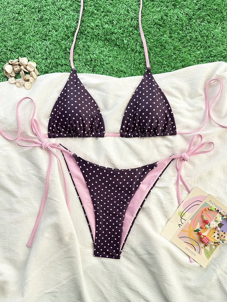 Leopard print triangle top bikini string tie halter-neck two-piece swimsuit