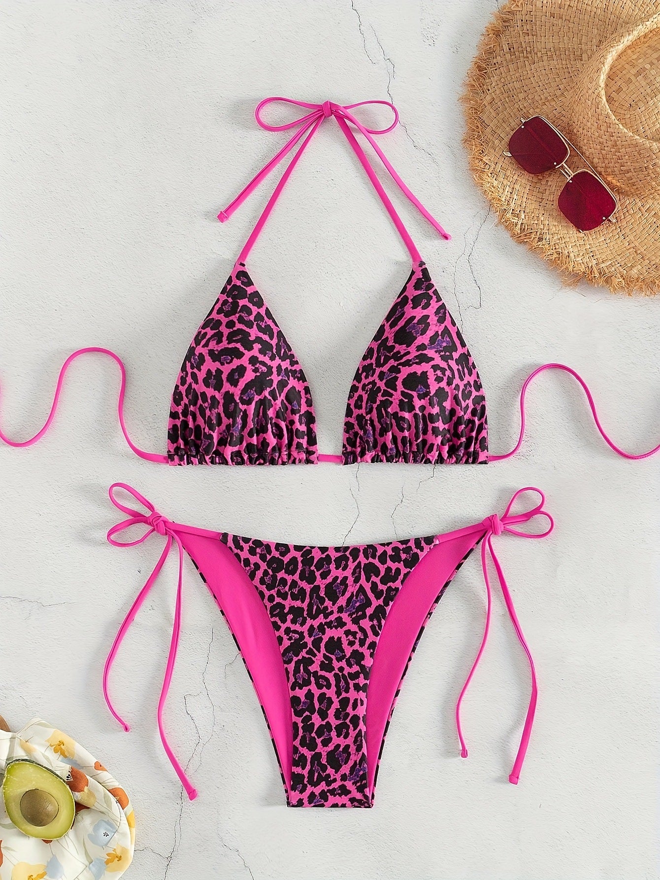 Leopard print triangle top bikini string tie halter-neck two-piece swimsuit