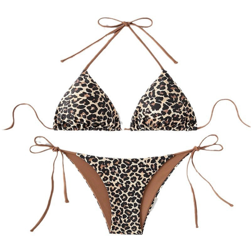 Leopard print triangle top bikini string tie halter-neck two-piece swimsuit