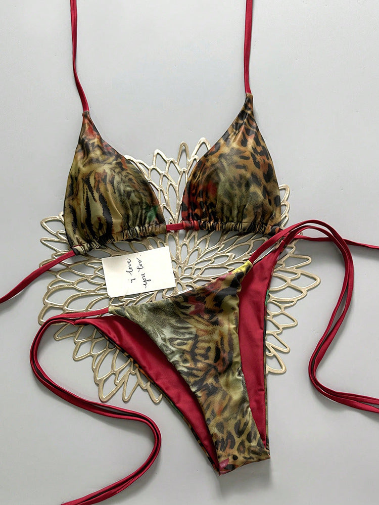Leopard print triangle top bikini string tie halter-neck two-piece swimsuit