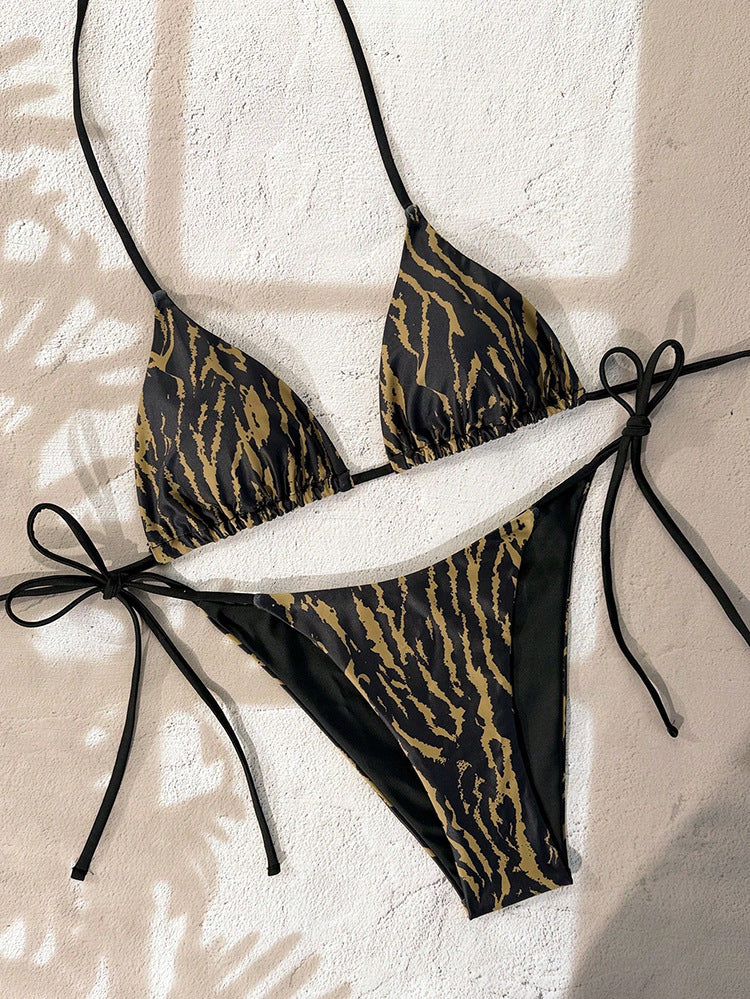 Leopard print triangle top bikini string tie halter-neck two-piece swimsuit