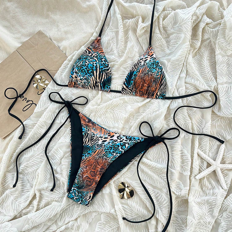 Leopard print triangle top bikini string tie halter-neck two-piece swimsuit